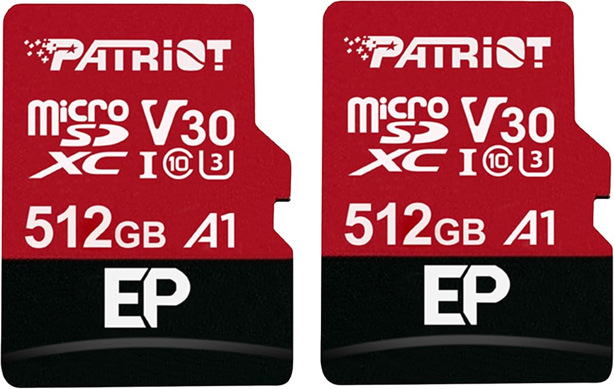 Patriot EP Series 512GB Micro SDXC V30 A1 UHS-I Memory Card 2-Pack | Performance classes: V30, A1, UHS-I, U3, 4K UHD; Package: 2-Pack.