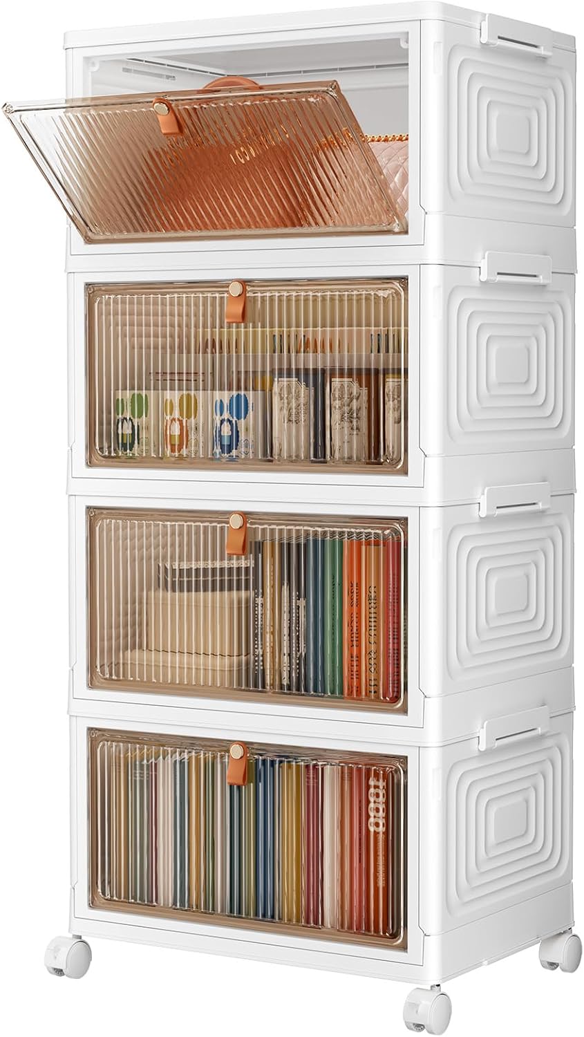 SNSLXH 4 Tier Plastic Storage Bins with Lid 23QT, Stackable Storage Containers with Wheels, Folding Storage Box, Stackable Storage Bins, Closet Organizers and Storage for Living Room,Office,Dorm