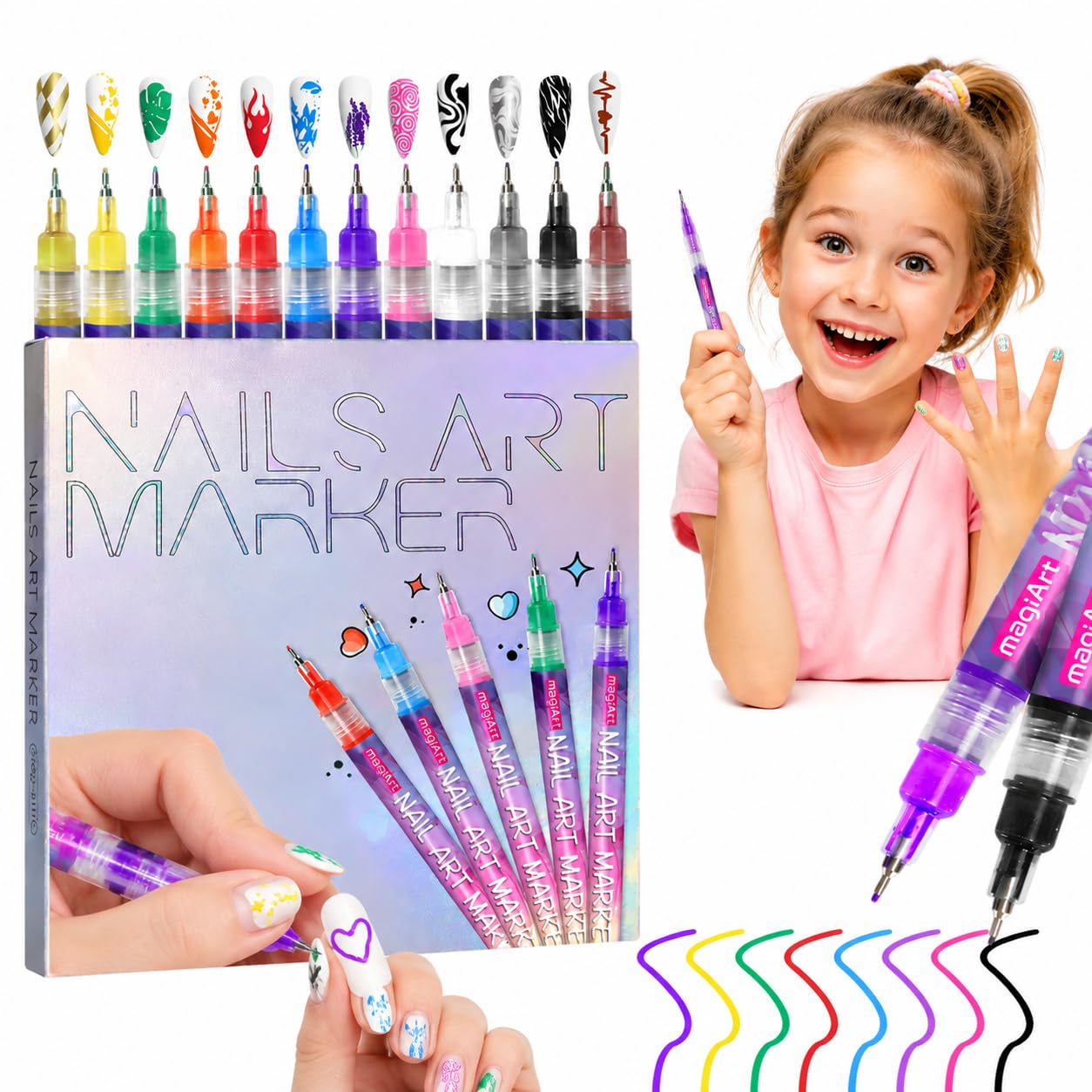 Photo 1 of 12 Colors Nail Art Pens, Fine Tips Nail Polish Pens Quick Dry, Graffiti Dotting Pen Acrylic Painted Pen Kit 3d Nail Polish Pens Drawing Painting for Diy Nails Art Design Manicure Tools