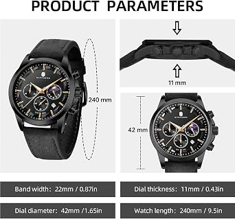 BENYAR Men's Watch Waterproof Chronograph Luminous Classic Watches Leather Strap Large Dial Date Analogue and Anti-Scratch Elegant Gift (Black Black)