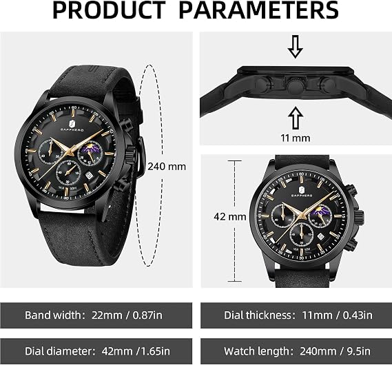 BENYAR Men's Watch Waterproof Chronograph Luminous Classic Watches Leather Strap Large Dial Date Analogue and Anti-Scratch Elegant Gift (Black Black)
