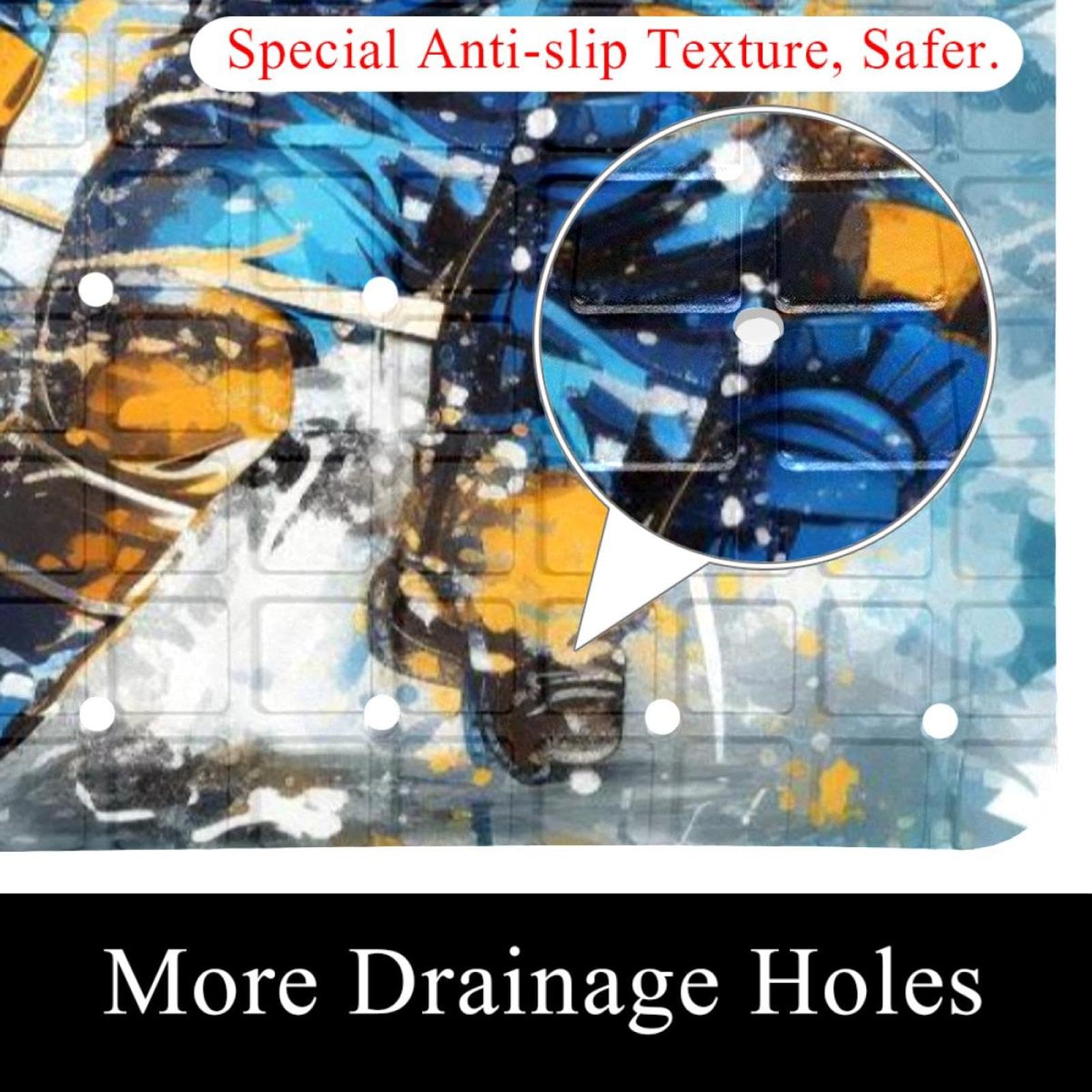 Tapis de bain et de douche avec motif peinture de hockey sur glace, lavable, ventouses et trous de drainage pour garder les baignoires propres, transparent