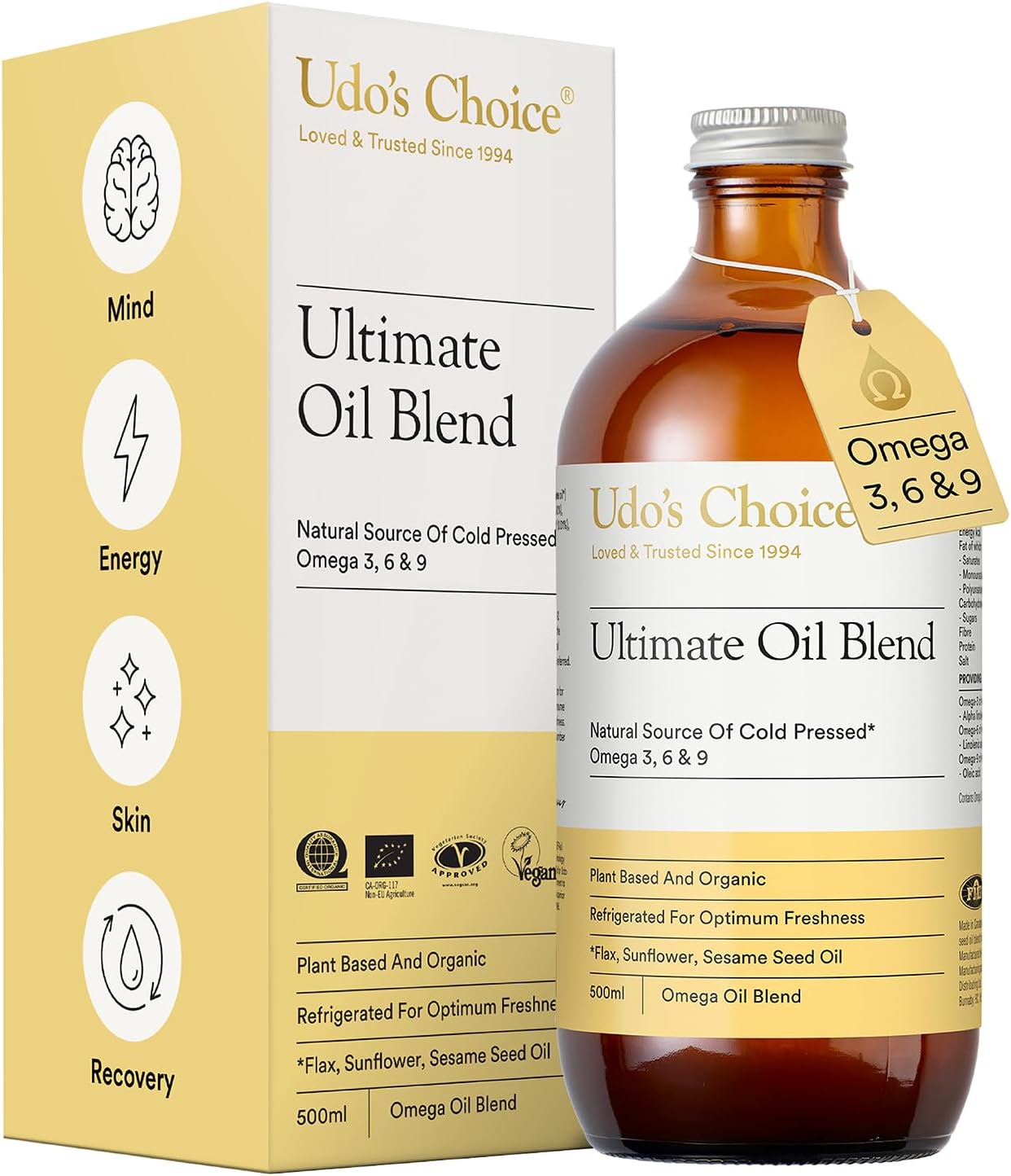 Omega 3 6 9 Oil โ UDOโs Choice Ultimate Blend โ Cold-Pressed Liquid Plant-Based Formula โ Organic, Unprocessed, Vegan-Friendly โ for Heart, Brain, Skin & Joint Support โ 500ml