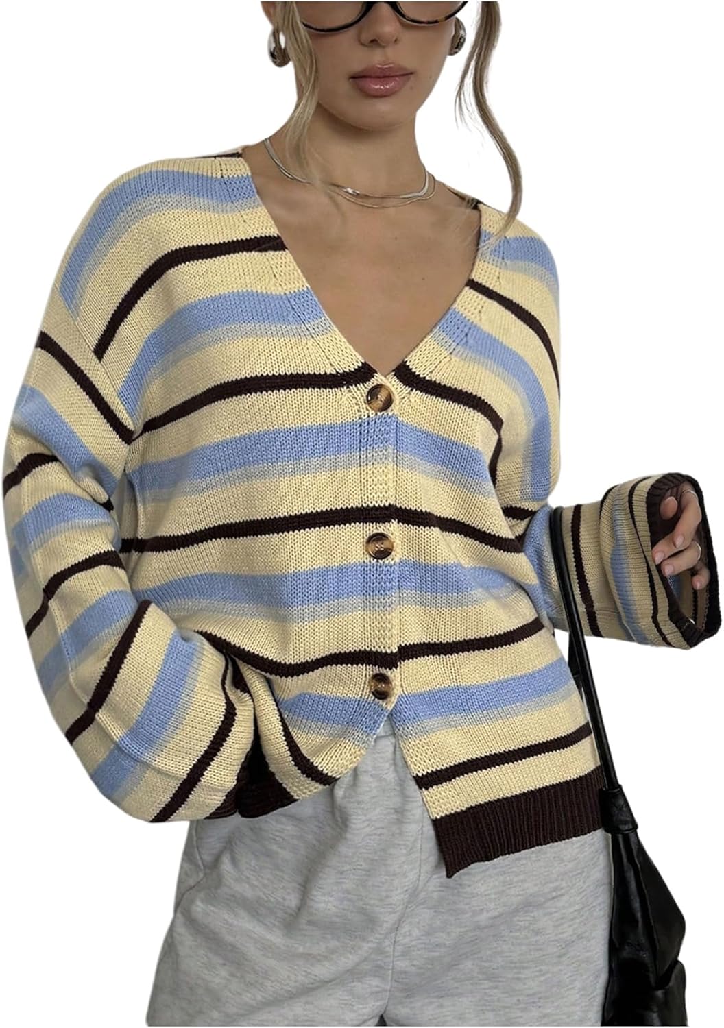 MakeMeChic Women's Striped Cardigan Sweater Button Down V Neck Long Sleeve Outerwear