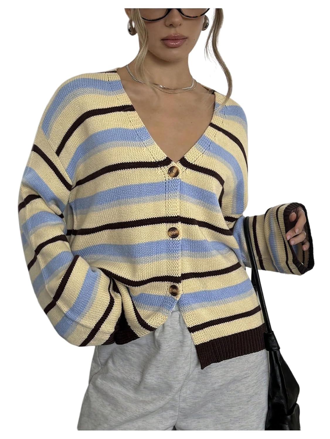 MakeMeChic Womens Striped Cardigan Sweater Button Down V Neck Long Sleeve Outerwear