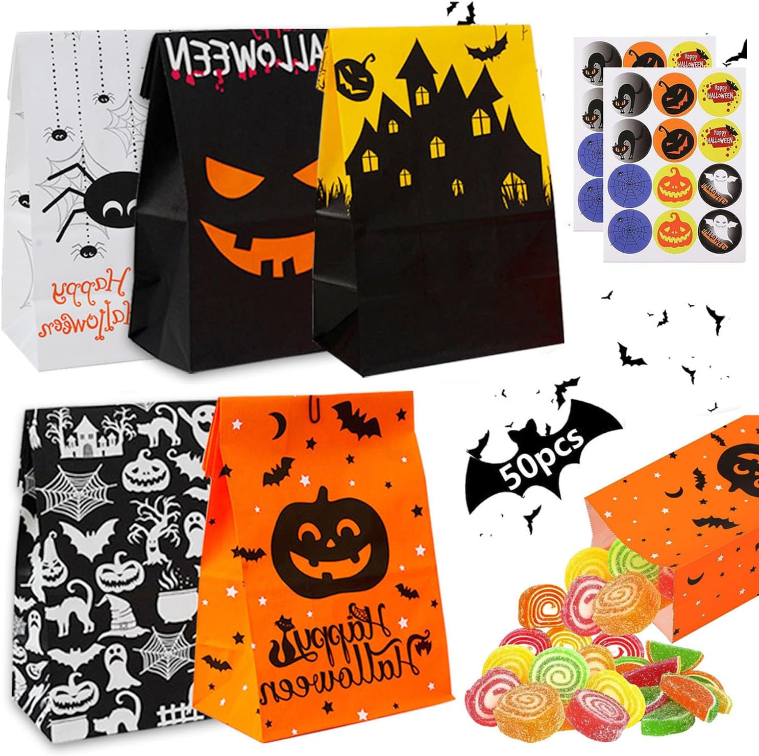 Halloween Süßigkeiten Taschen, 50 Stück Halloween Süßigkeiten Candy