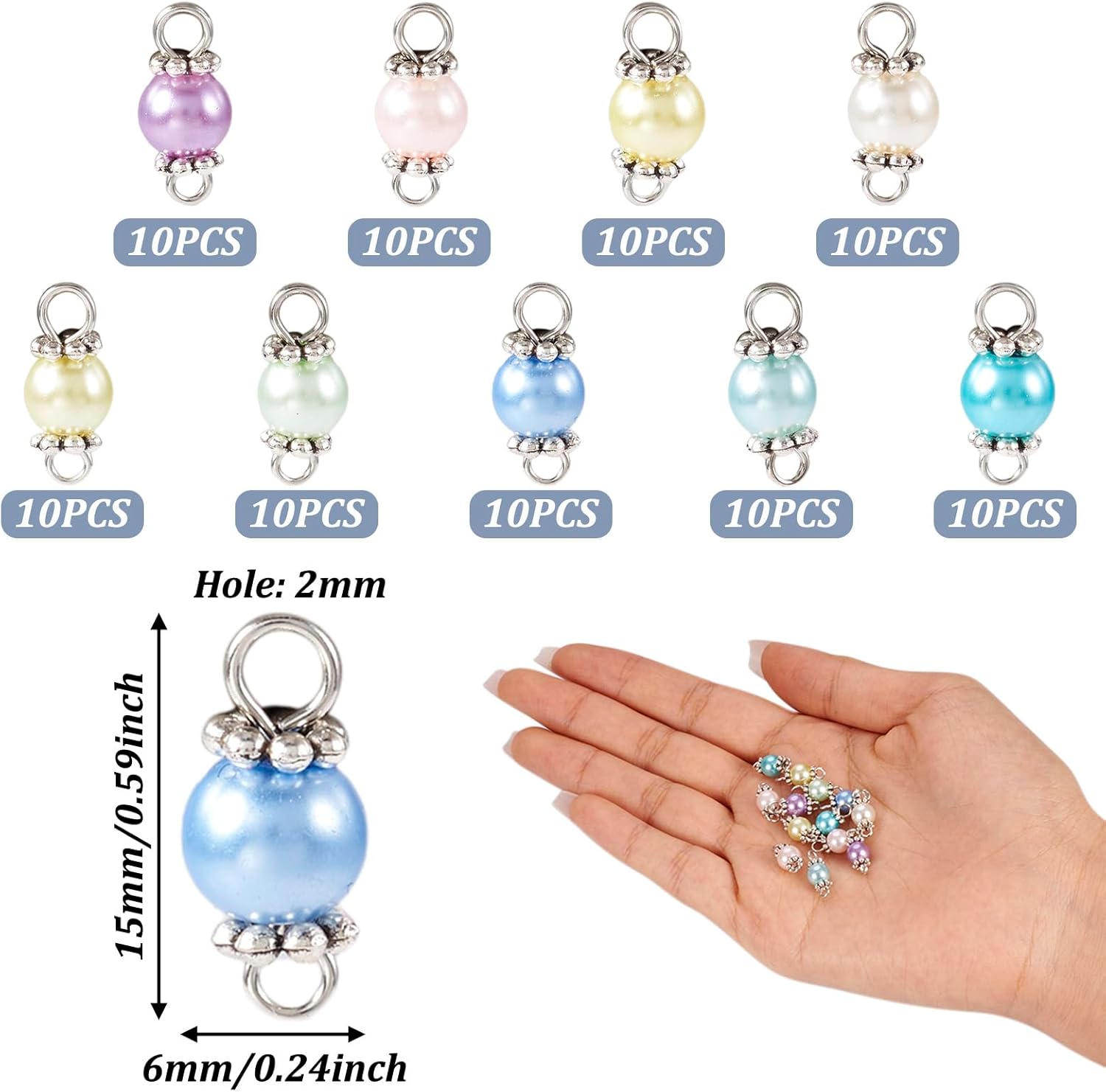 Pandahall 90Pcs Round Pearl Links Connectors 9 Colors Pearlized Glass Bead Connectors Pearl Bead Dangle Charms with Double Loop for for Jewelry Necklace Bracelet Making Craft - Image 5