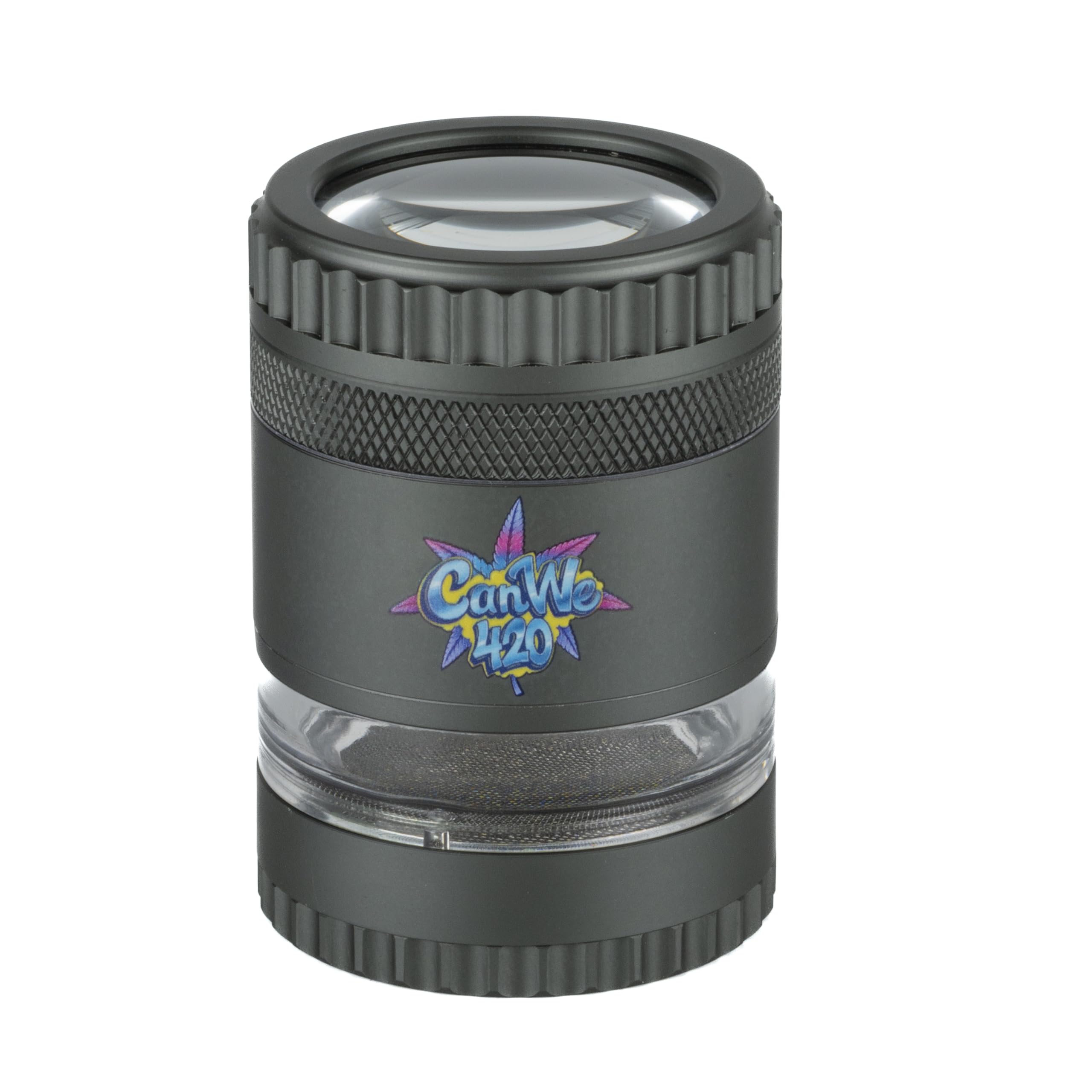 CanWe420 Aluminium Grinder [Mit Lupe & Sichtfenster] – 4-teiliger Metallgrinder Grau (inkl. Pollensieb & Magnetdeckel) – Grinder für Kräuter & Blüten (Effizient & Präzise)