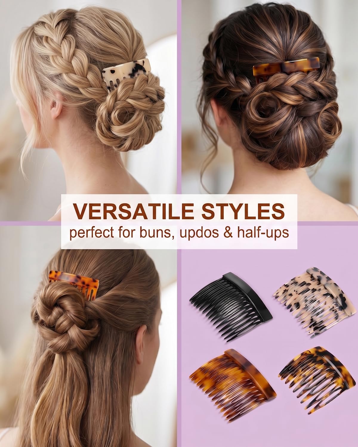 4 Peinetas para el Pelo de Acetato Estilo Francés, Elegantes para Moños y Recogidos. Horquillas decorativas duraderas para mujer.
