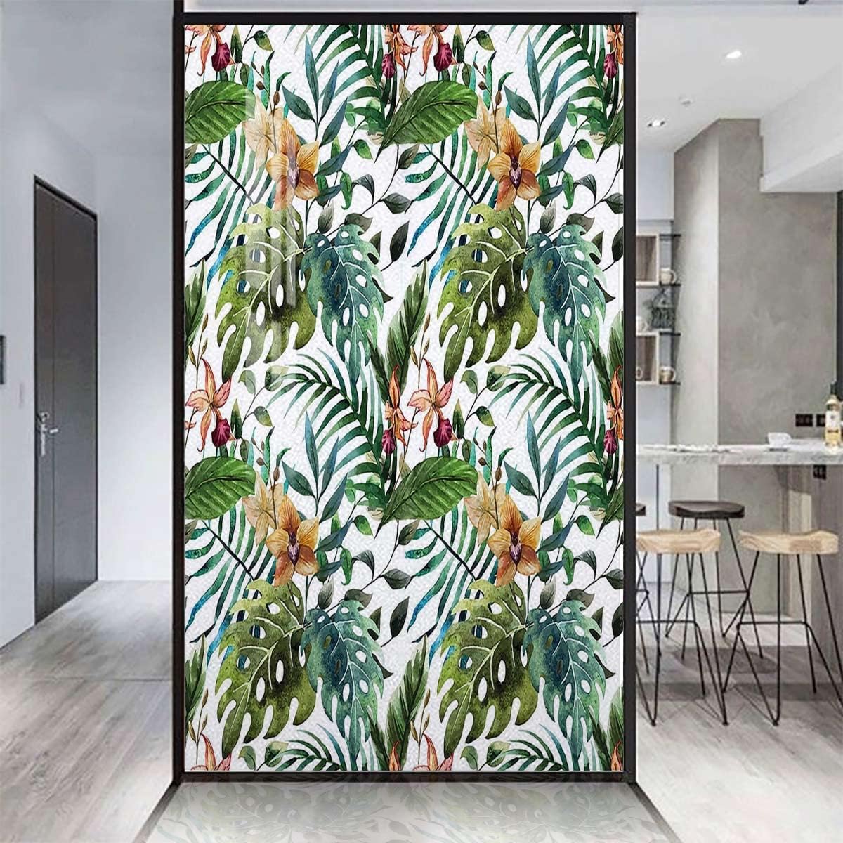 Light Caramel and Green Frosted Glass Static Cling for Glass Door Home Banana Palm Tree Leaves Flowers Frosted Window Privacy Film Non-Adhesive Leaf 35.4Wx59L-inch