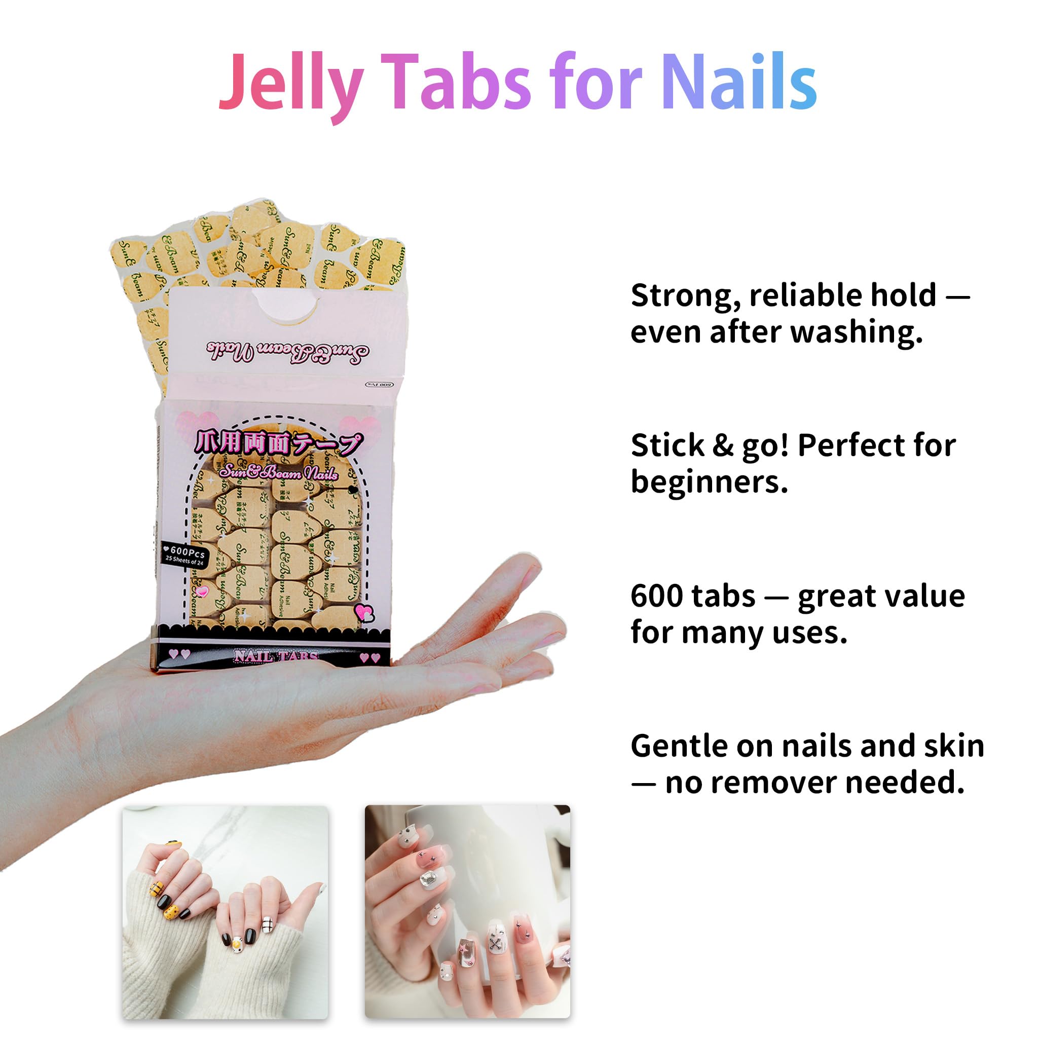 Sun&Beam Nails Żelowe naklejki na paznokcie - ultra cienkie, mocne i wodoodporne mocowanie 600 sztuk (standardowy rozmiar)