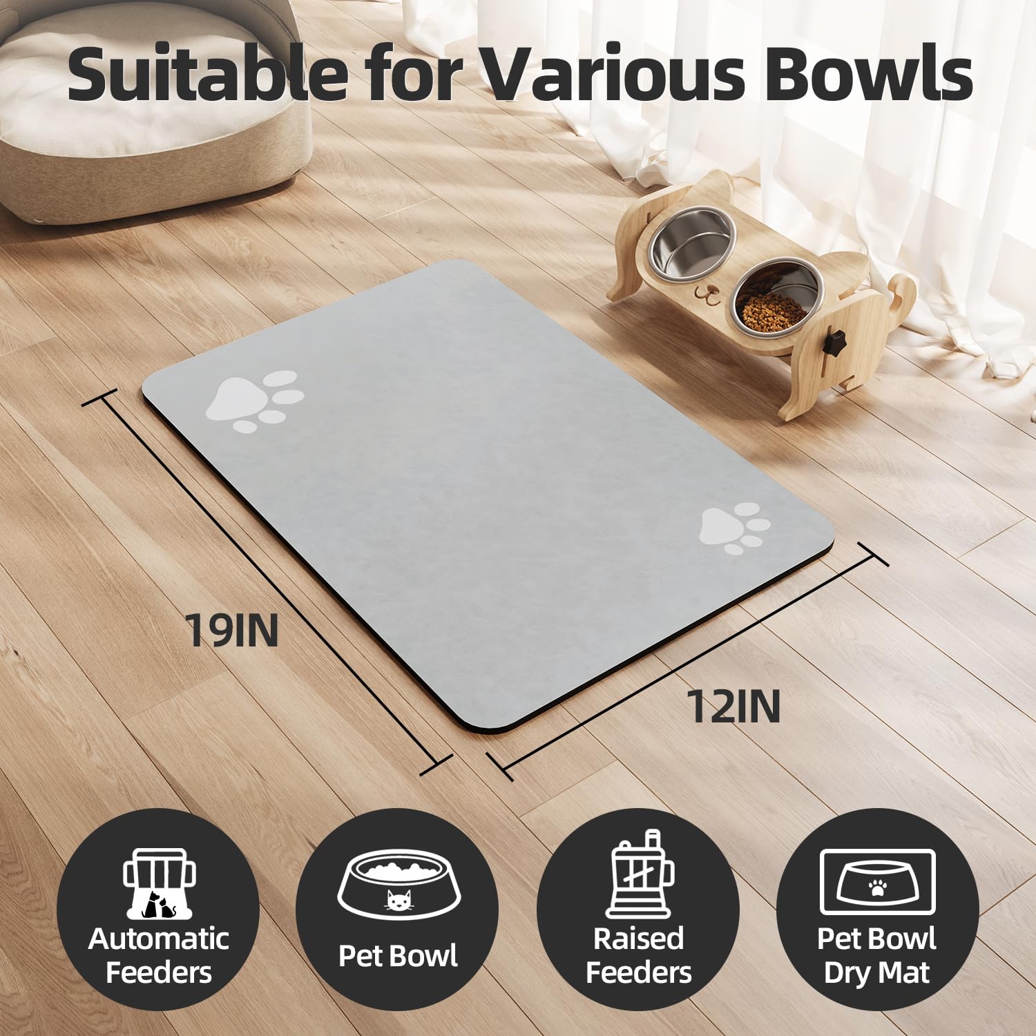 The PADOOR Pet Mat features an absorbent surface and non-slip backing, designed to keep your pet's feeding area tidy.