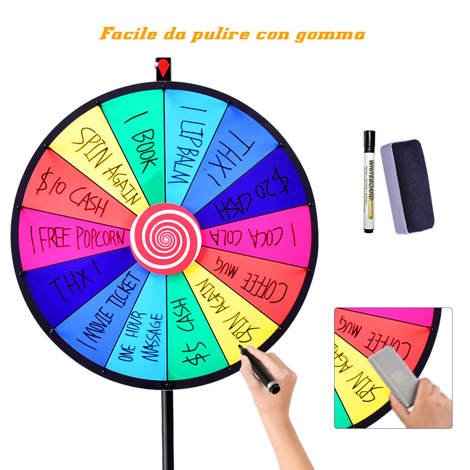 RELAX4LIFE Ruota della Fortuna 60 cm/24’’ da Terra con Altezza Regolabile 111-157cm, 14 Slots Colorate, Scrivibili, Cancellabili,Pennarello e Cancellino, Base in Treppiedi, 2 Indicatori da Ricambio