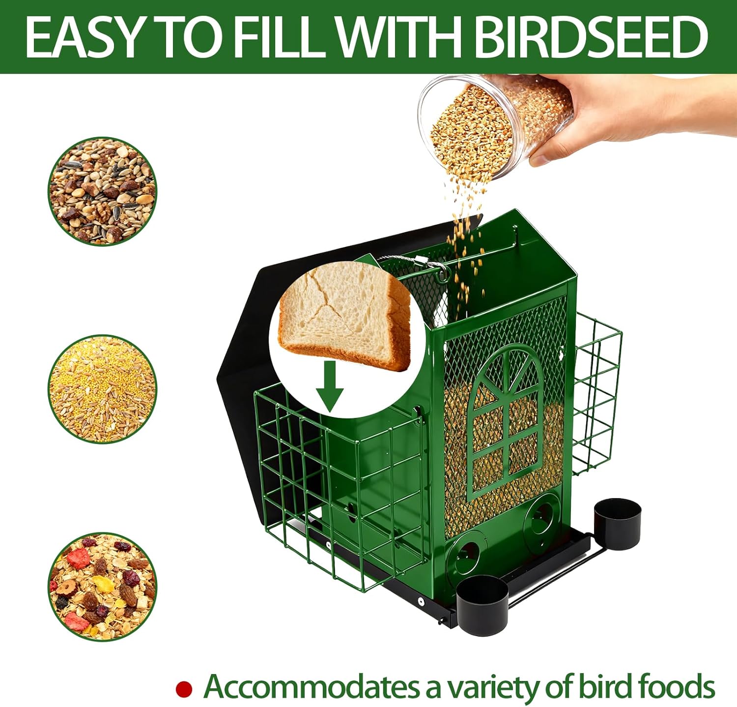 Outdoor Metal Hanging Bird Feeder Large Capacity Premium Wild Bird Feeder (Includes Bread Tray) Metal Mesh Design Multi-Compartment Food Storage Green (Green)
