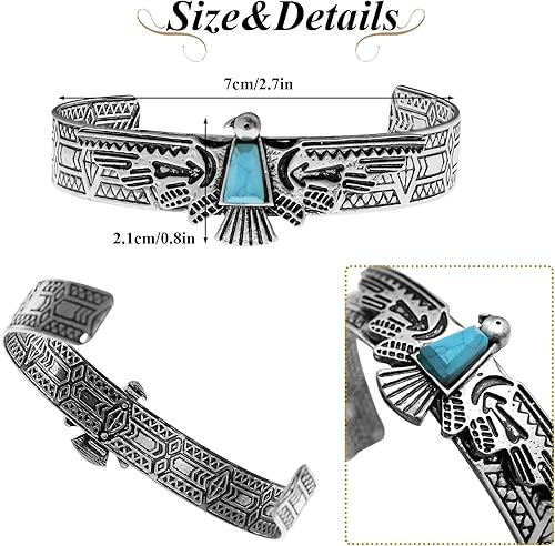 Miniatura 6 de RechicGu Vintage Tribal Southwest Turquía águila tallada piedra azul vaquera azteca vaquera nativa americana brazalete abierto brazalete brazalete