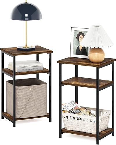 Miniatura 23 de Furinno JUST Mesa lateral, Mesa terminal Turn-N-Tube de 3 niveles con estante abierto, Mesita de noche con esquina de curva redonda, Mesa de Roble