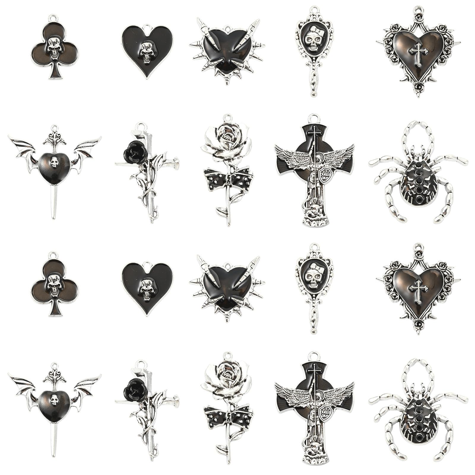 Stiesy 20Pcs 10 Styles Black Gothic Charms Pendant Skull Cross Wing Heart Flower Charm Bulk Punk Enamel Pendants for Jewellery Making Crafts Bracelets Necklaces DIY
