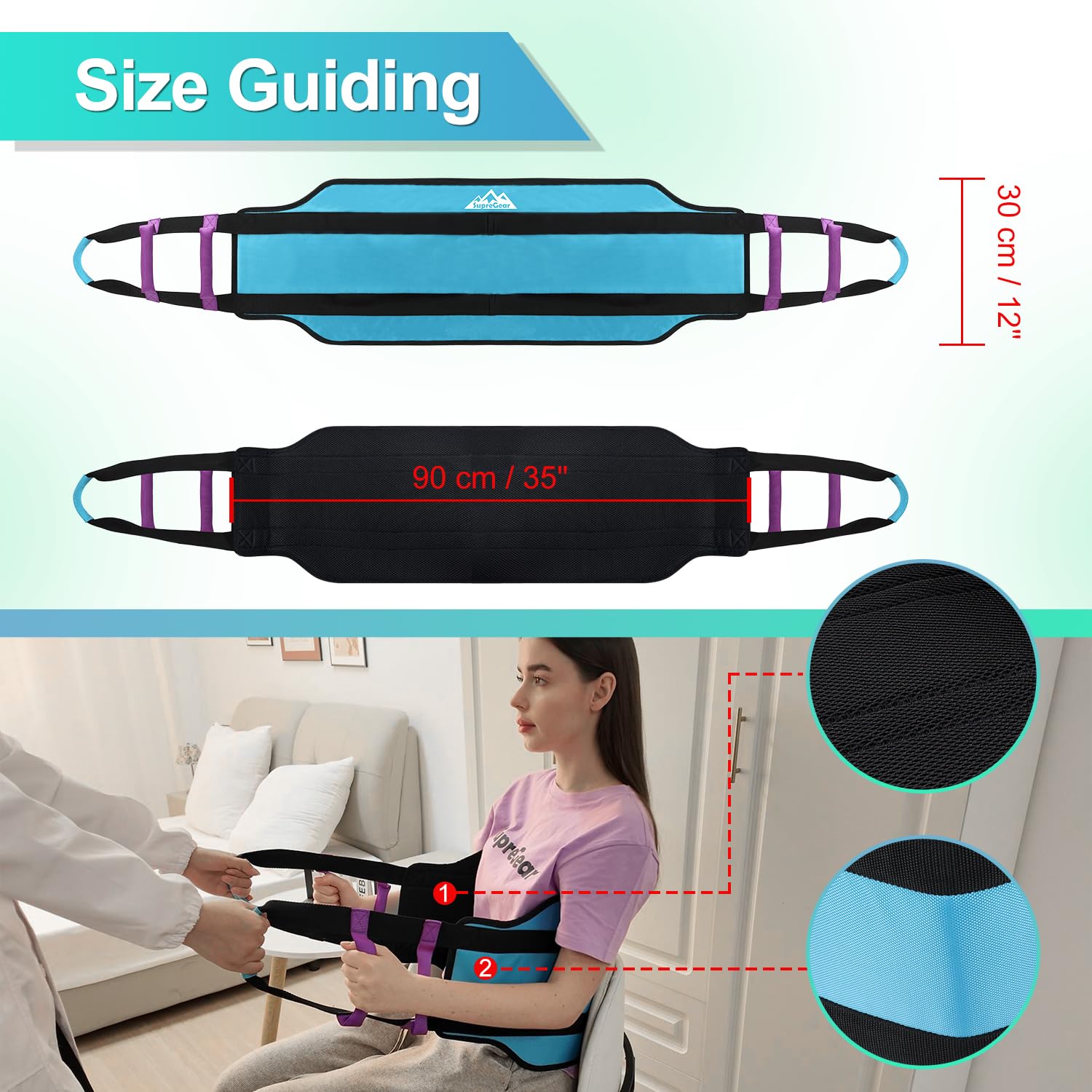 supregear Imbracatura di trasferimento imbottita 90 cm con 6 maniglie, Ausilio per riposizionamento anziani, girare a letto, alzarsi e supporto mobilità quotidiana, Aqua