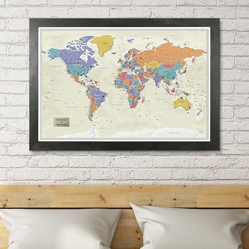 Vista 61 de Lienzo - Mapa de viaje personalizado Tan Oceans World Push Pin con marco negro
