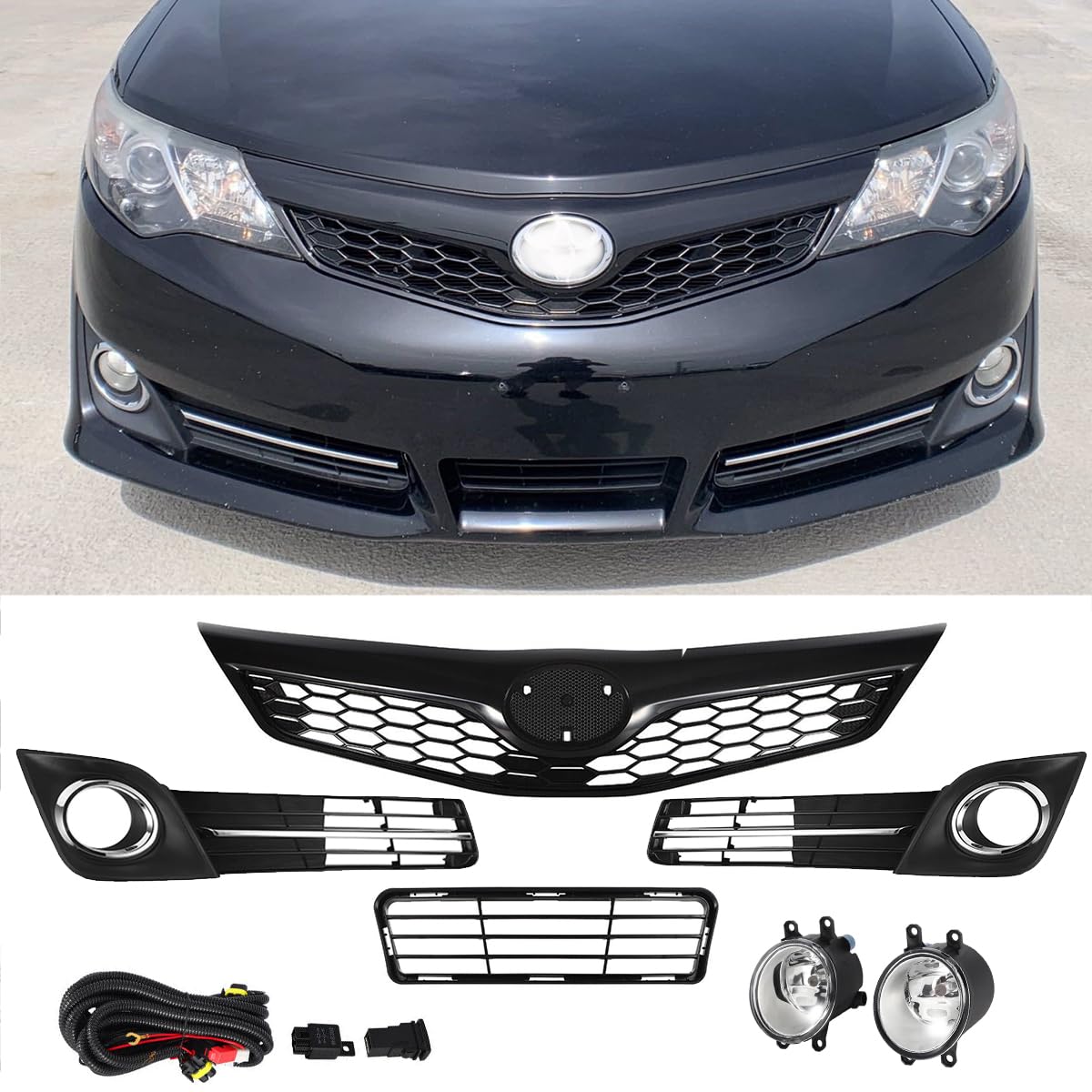 Front Upper&Lower Bumper Grille Fog Light Set Black Fit For 2012 2013 2014 T0y0ta Camry SE 6PCS