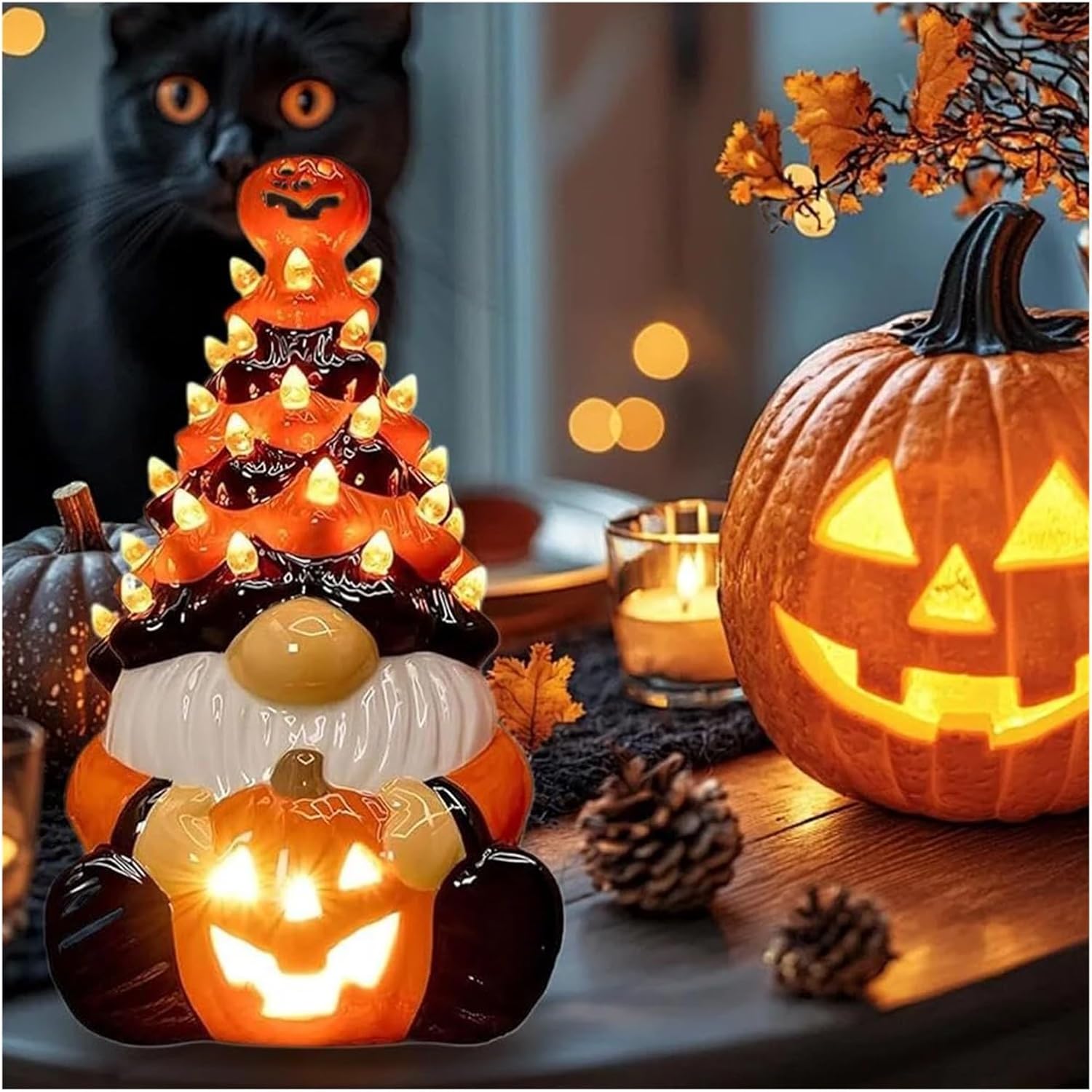 ハロウィンの装飾、 LEDで光るハロウィンのノーム像。手作りの光る陶器のノームツリー、カボチャランタン、寝室のナイトテーブルの装飾品