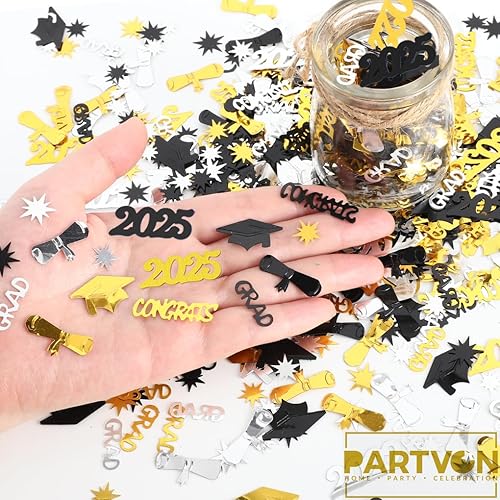 Miniatura 4 de Decoraciones de fiesta de graduación 2025, centros de mesa de confeti de graduación de oro negro para suministros de fiesta de graduación,