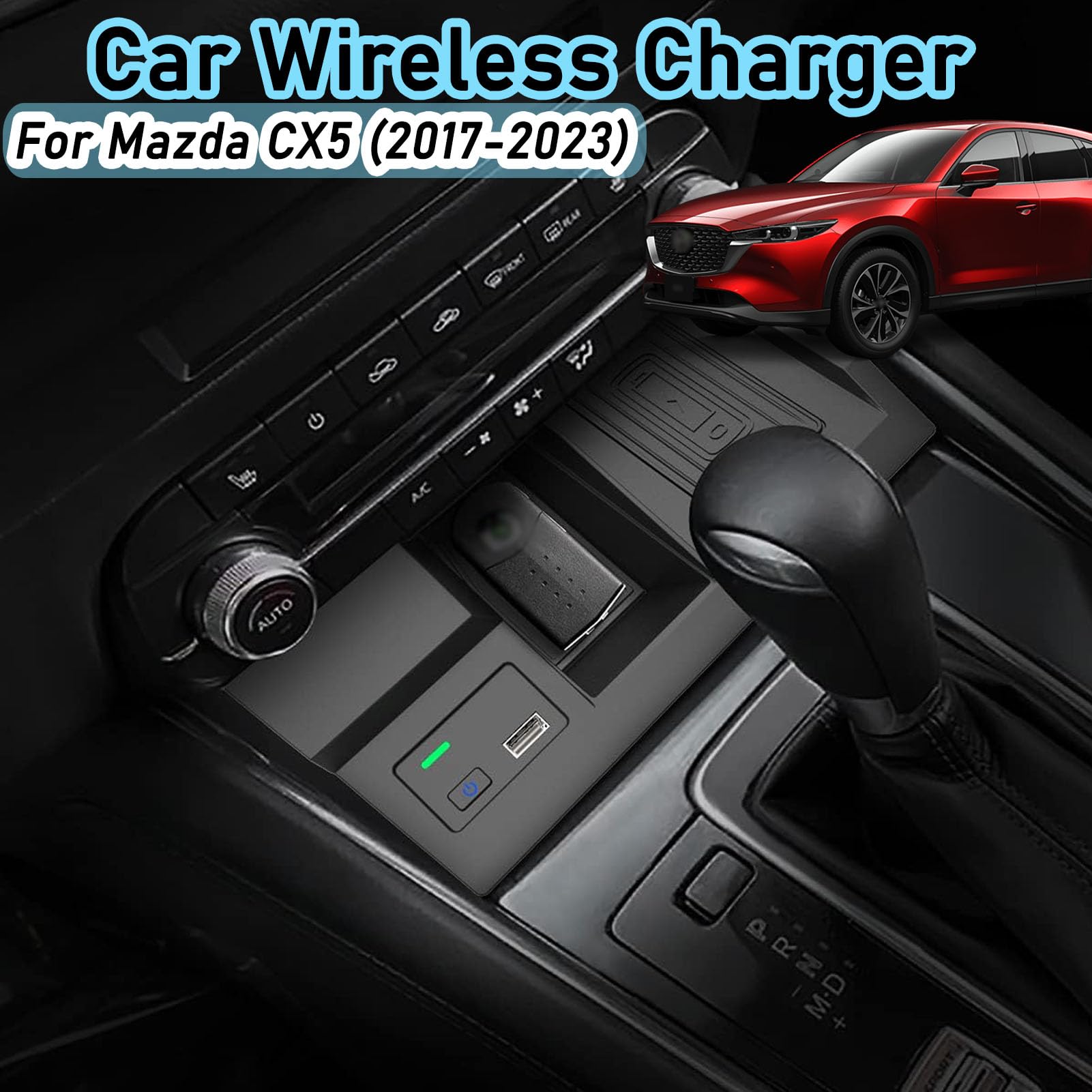 Caricabatterie Wireless per Auto per Tutti i Modelli Cx-5 Accessorio con 15 W Wireless e USB Qc3.0 Ricarica Rapida Regalo per la Famiglia