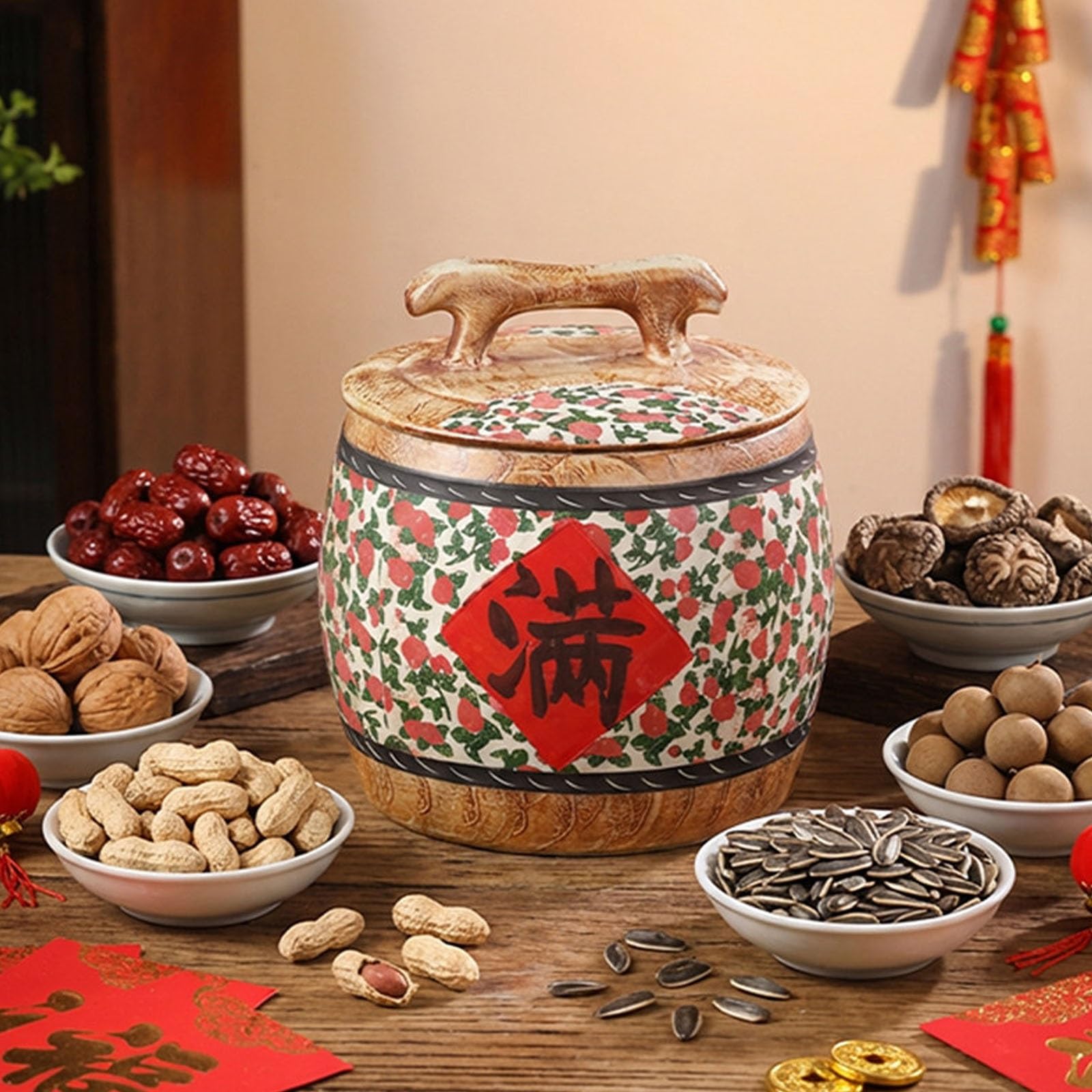 Reisglas aus Keramik mit Deckel, Getreideeimer im Chinesischen Stil mit Griff, Traditionelle Vorratsdosen for Lebensmittel for Nudeln, Snacks, Süßigkeiten(10 kg/22 lb,Green)