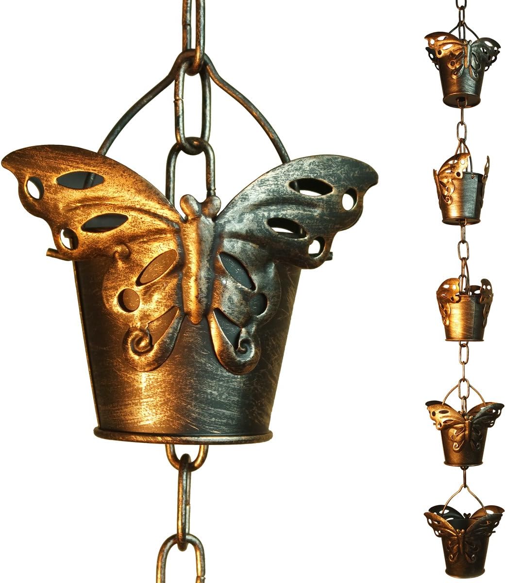 CT DISCOUNT STORE Beautiful Butterfly Iron Rain Chain - Trickles Down Filling and Overflowing Each Little Bucket and Creating a Soothing Sound