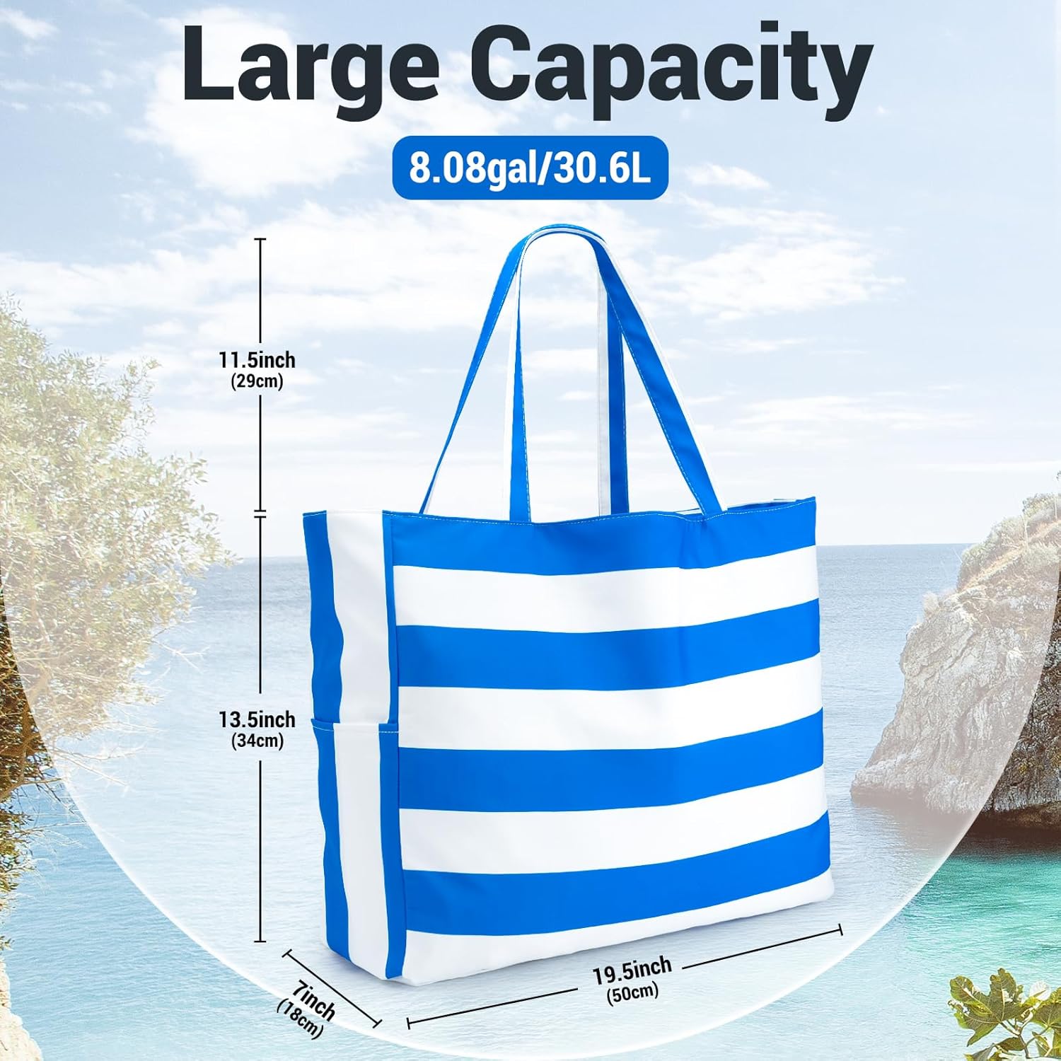 Iioscre Beach Bag for Women, Large Beach Tote Bag with Zipper Pockets, Waterproof Sandproof Swim Bag Pool Vacation Travel - Image 4