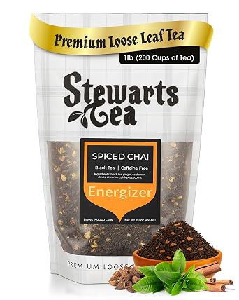 Stewarts Spiced Chai Black Tea - Caffeinated Loose Leaf Teas - Spiced Black Tea, Peppercorns, Cinnamon, Ginger Blend Loose Leaf Teas - 140-200 Cups - Great for Morning Breakfast & More 1lb Pack