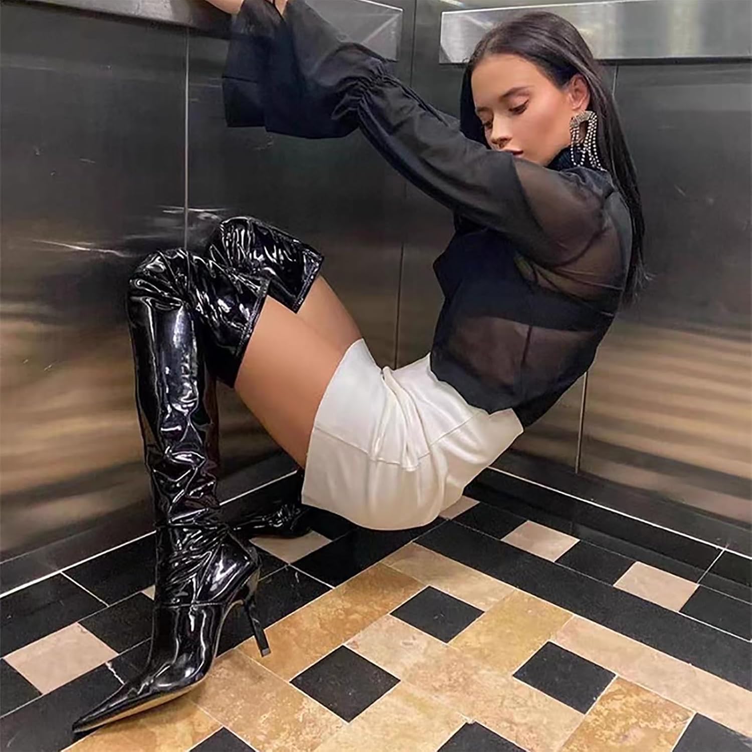 tan boots for women Over the knee high Sexy Black thigh high boots Side Zipper stiletto heels green brown stripper high heel purple boots