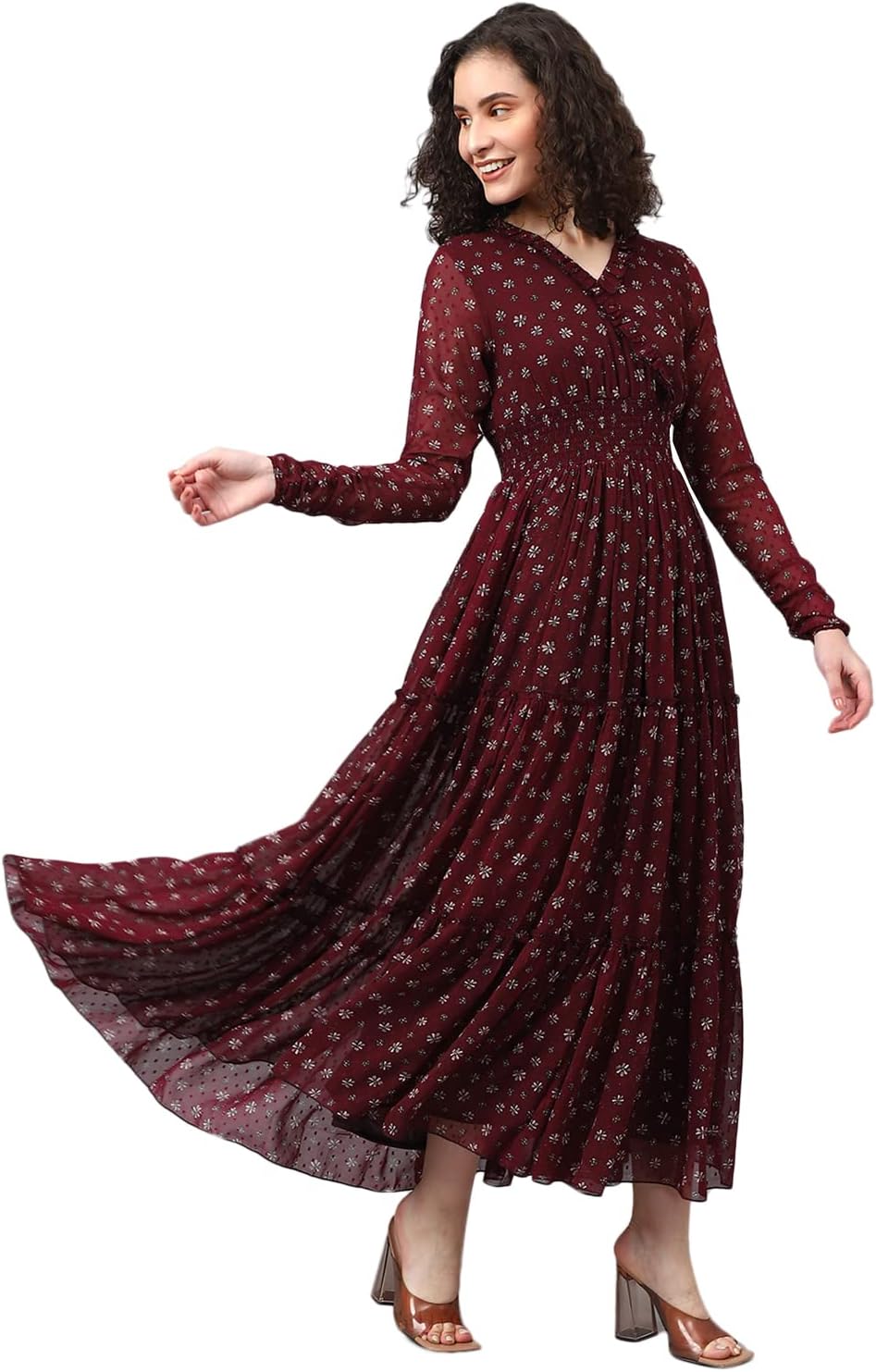DEEBACO Women's Floral Print Georgette Dobby Smocking Midi Dress for Women|One Piece Full Sleeves V-Neck Casual Western Flared Dresses for Ladies|Beach Wear Party Outfits (DBDR00000669_M_Wine)