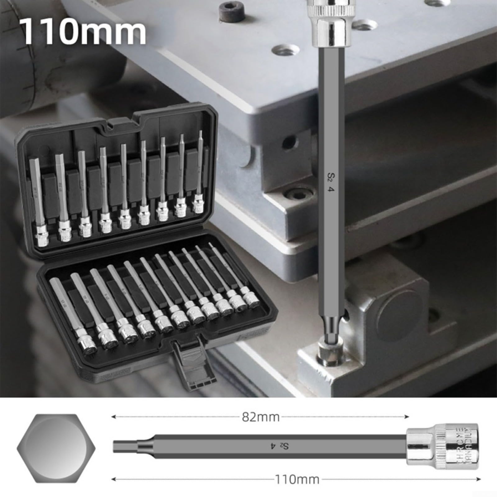 Juego de 20 llaves hexagonales de 3/8 pulgadas, cabeza cónica extendida alargada de 110 mm, para reparación de vehículos, para sistema métrico imperial