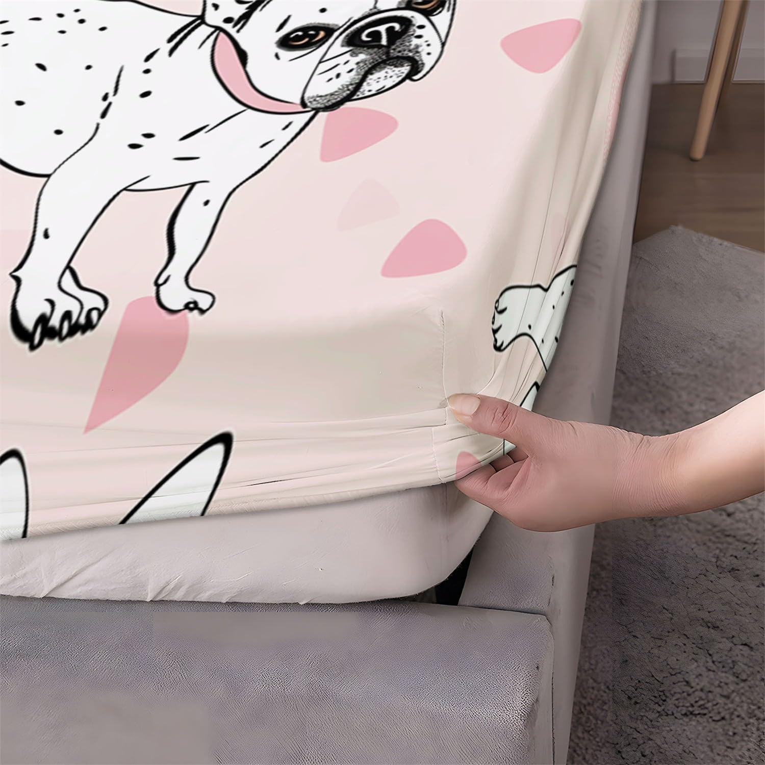 Biancheria da letto confortevole Simpatico bulldog francese 3 pezzi Lenzuolo doppio con angoli stampato con 2 federe Lenzuola in tessuto rosa extra morbido in microfibra spazzolata 160 x 200 + 30 CM
