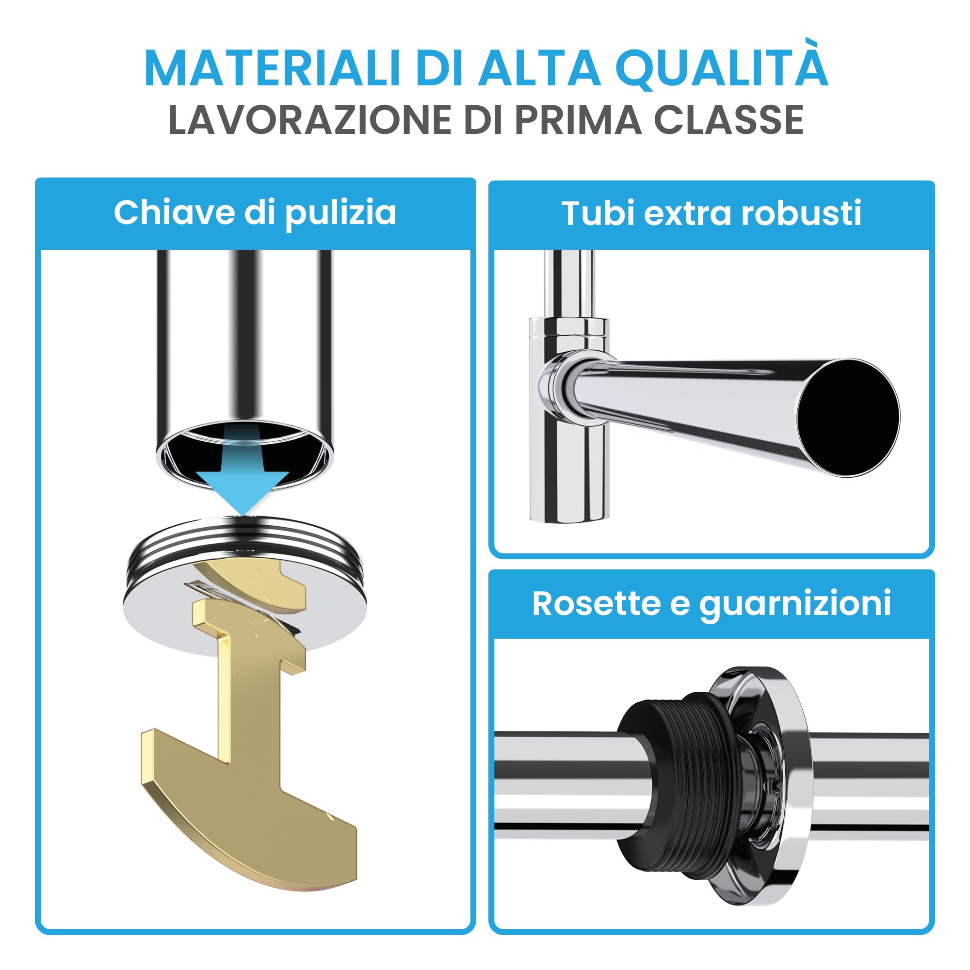 Bächlein Sifone di design universale per lavabo e mobile lavabo - piletta che si adatta perfettamente - sifone antiodore con apertura per la pulizia