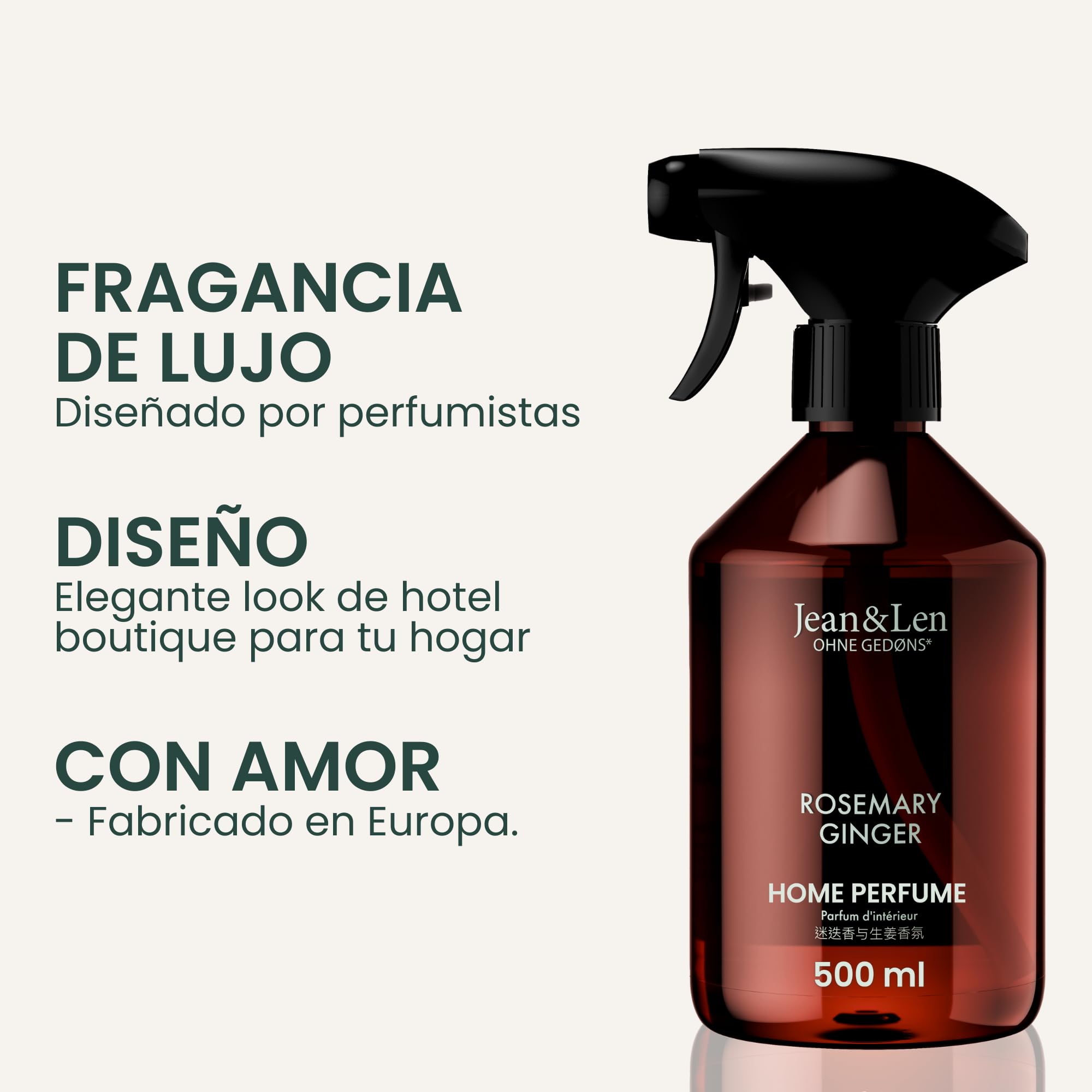 Jean & Len Home Perfume Rosemary & Ginger, ambientador con aroma especiado y fresco, refresca con un solo pulverizado, spray de ambiente de diseño minimalista, 500 ml