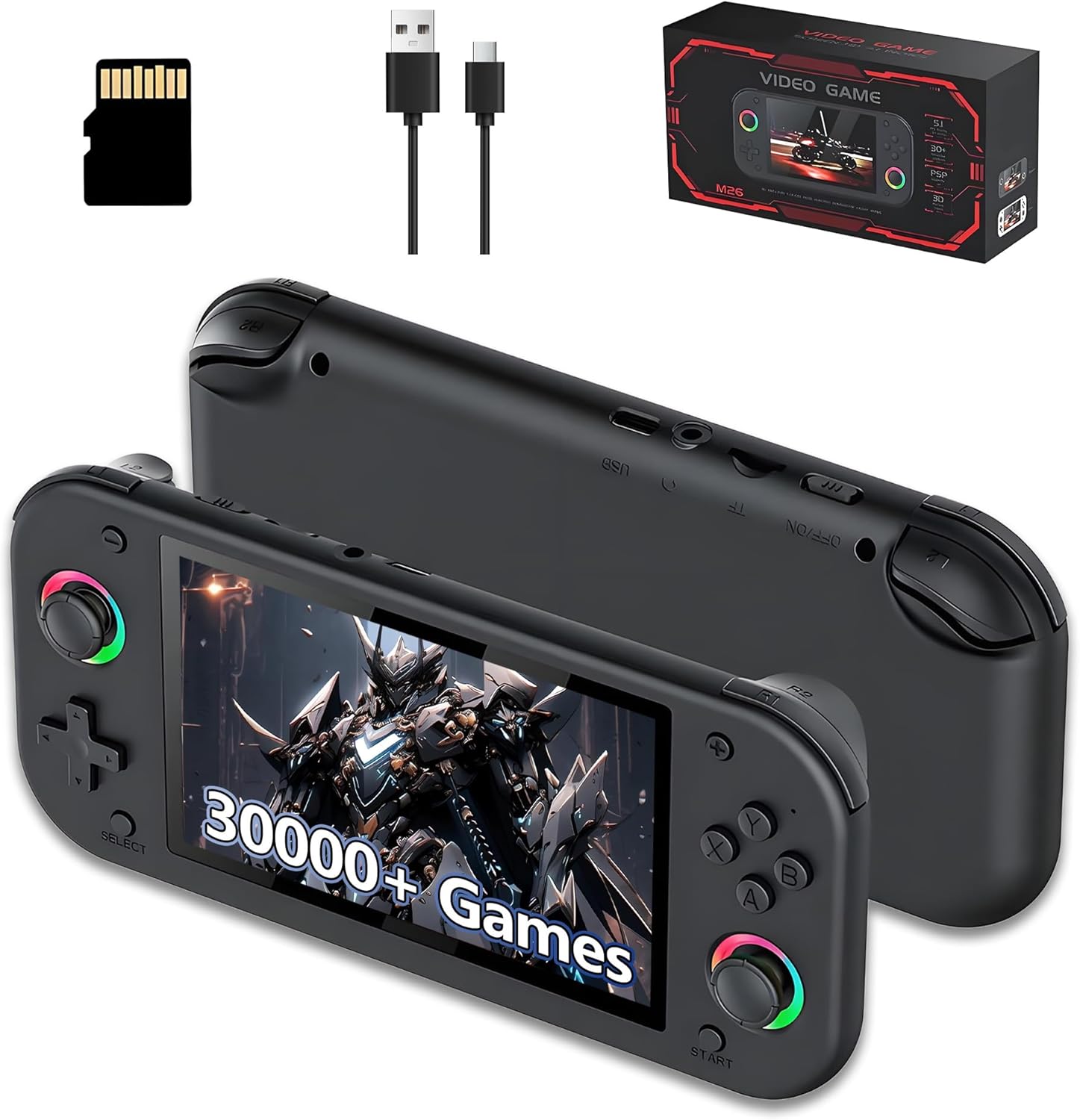 M26 Retro Video Gaming Console 128G, Portable Handheld Game Console with Built-in 30000+ Retro Games 20+ Emulators, EmuELEC OS, 5.1 Inch IPS Screen, 800 x 480 Resolution, 3D RGB Joysticks (Black)