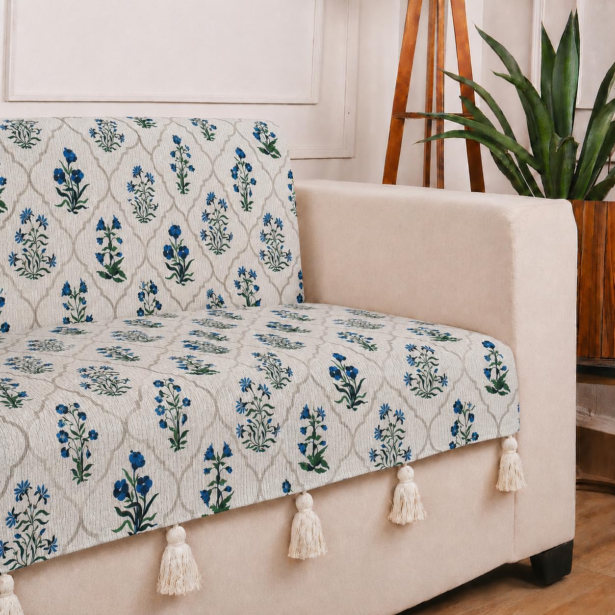 STITCHNEST 'Eden Weaves Collection Series' 2 Seater Sofa Cover – Full Coverage| Elegant Woven Fabric, Decorative Tassels, Washable & Durable for Modern Living