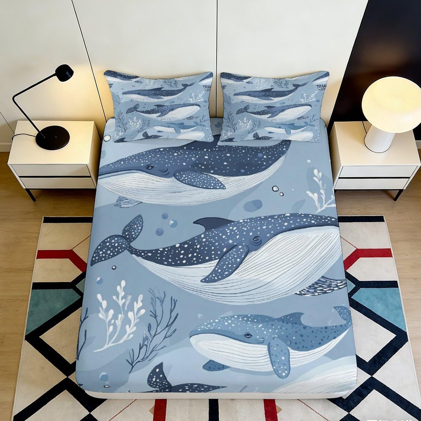 3D Printed Ocean Whale Fitted Sheet Microfiber Soft Blue Sea Life Mattress Cover Bedroom Decor 120x200cm 140x200x25cm