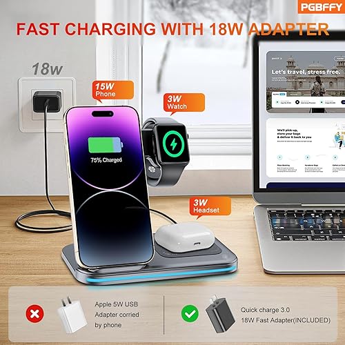 Miniatura 4 de Estación de carga 3 en 1 Cargador inalámbrico Soporte de carga plegable para múltiples dispositivos con cargador rápido para lPhone 16151413 Pro Max