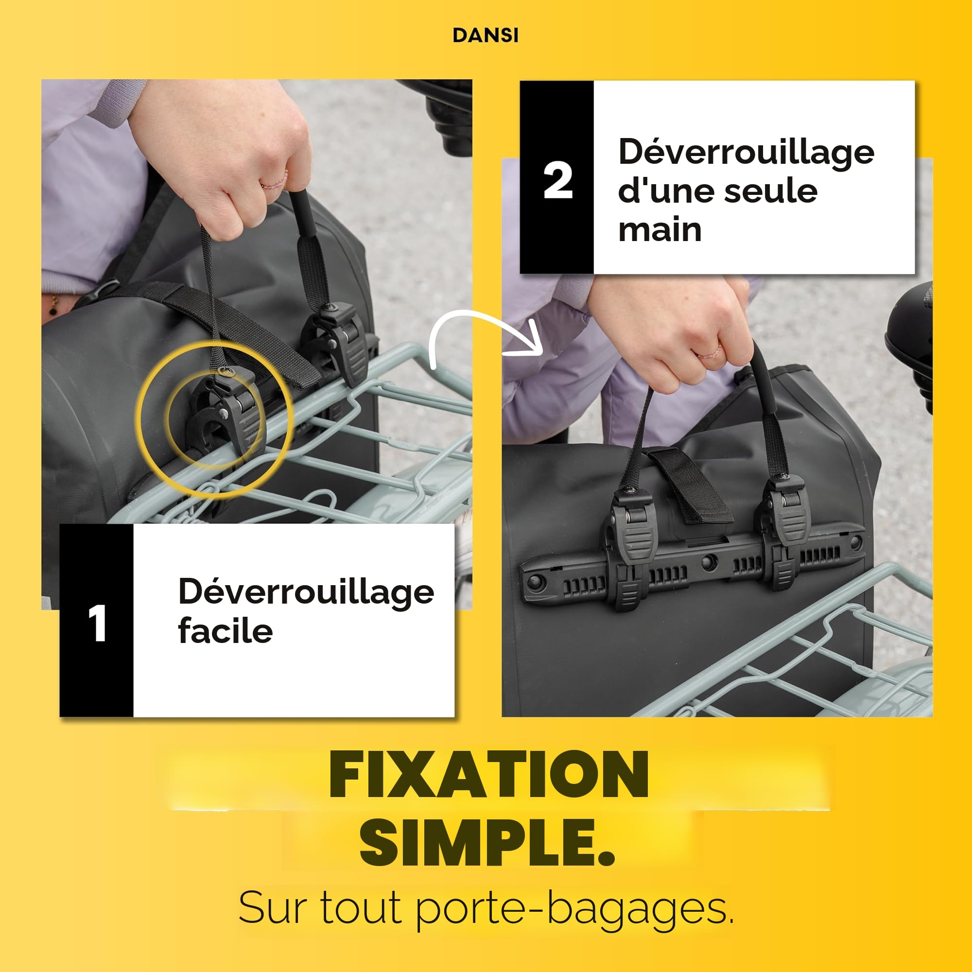 Dansi Sacoches de vélo 20L pour Porte-Bagages, avec bandoulière et poignée, Sacoche de vélo 100% imperméable avec réflecteurs et système de clic, Noir (Lot de 2)