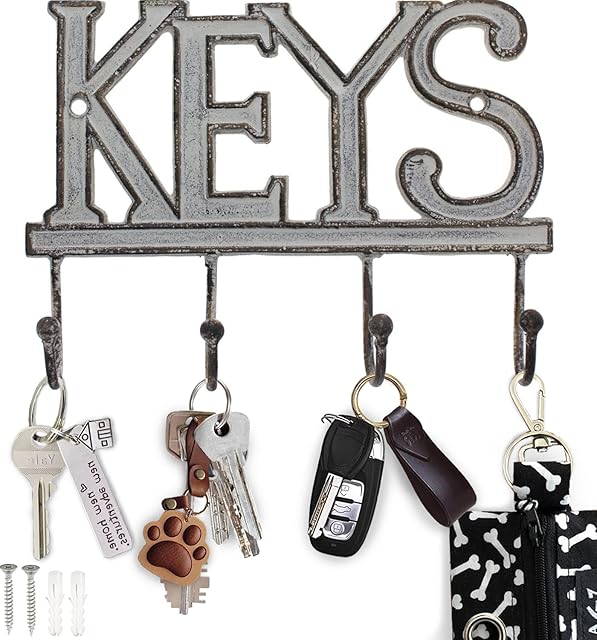 Comfify Key Holder Keys  Wall Mounted Western Key Holder | 4 Key Hooks |Decorative Cast Iron Key Rack| with Screws and Anchors  6x8- Ca-1506-04 (Antique White)