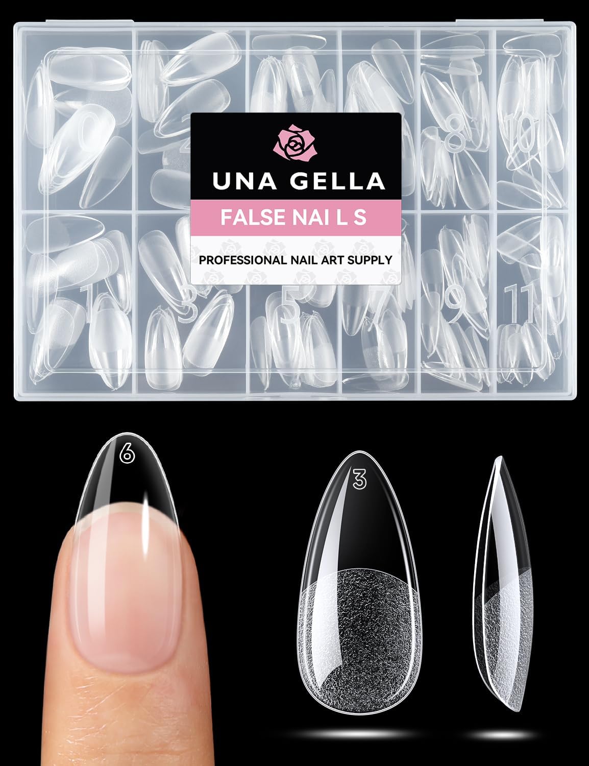 UNA GELLA Almond Nail Tips 216pcs Medium Almond Press on Nails Pre-shape Gel Fake Nails for Full Cover Acrylic French False Nails For Nail Extension, DIY Salon 12 Sizes Gelly Tips