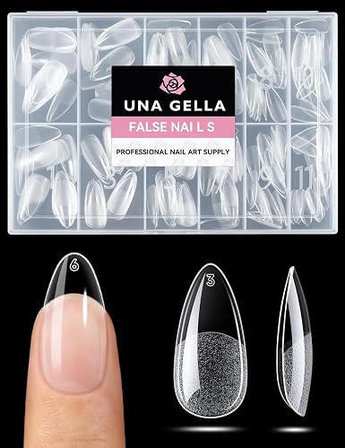 UNA GELLA Almond Nail Tips Medium 216pcs X-Soft Gel Press On Nails | 12 Sizes Fake Nails, Natural Fit, Lightweight Design, DIY Nail Art, Extensions, French Styles and Salon Looks