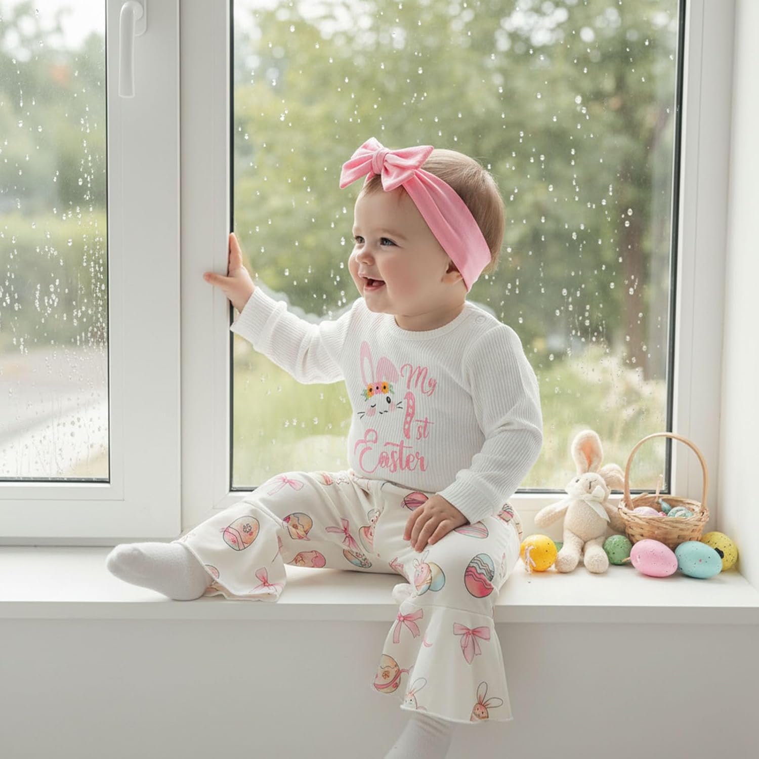 Thorn Tree My First Easter Baby Girl Outfit Long Sleeve Bunny Romper Egg Bell Pants Bow Headband Newborn Infant Clothes - Image 2