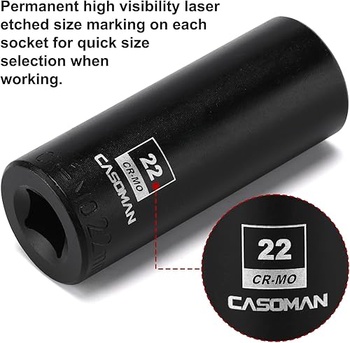 Miniatura 49 de CASOMAN 1/2" Drive x 1.417 in Deep 12 PT Socket Impacto, CR-MO, 1/2" Drive 12 Point Axle Nut Socket para una fácil extracción de las tuercas del eje