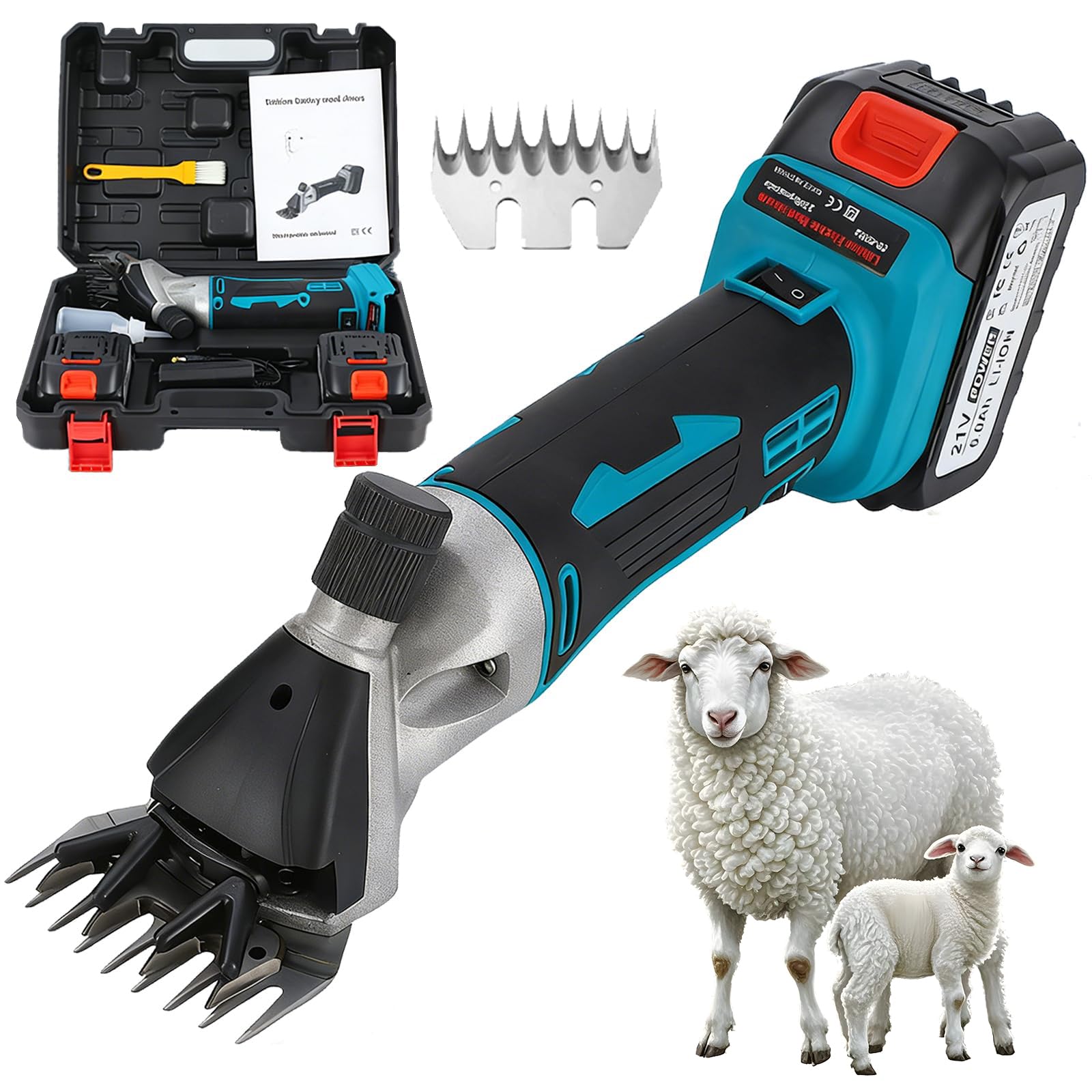 Esquiladora Inalámbrica Para Ovejas, 850 W, Eléctrica, Con 2 Baterías De 6000 mAh, 6 Velocidades Y Cuchilla De 9/13 Dientes. Máquina Profesional Para Esquilar Lana Gruesa En Ovejas, Cabras Y 13-teeth