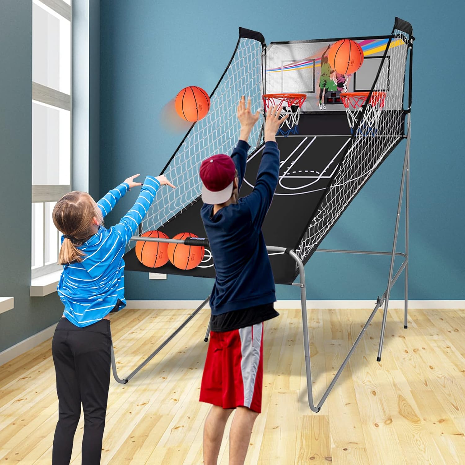 ReunionG Basketball Arcade Game, Electronic Double Shot 2 Player with 4 Balls, 8 Game Options, Basketball Game Indoor Easy Folding for Storage (Gray)