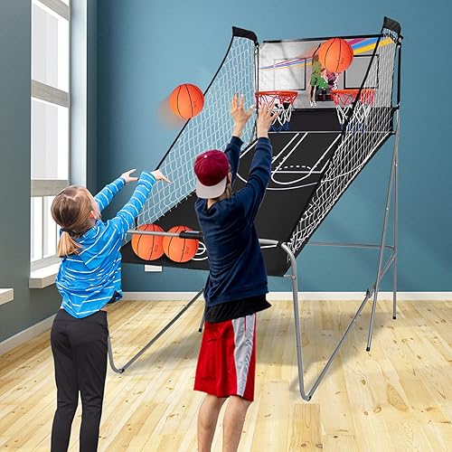 Vista 9 de Goplus Juego de arcada de baloncesto plegable de doble tiro, juego de aro de baloncesto con puntuación electrónica, 8 modos de juego, 4 bolas, Negro